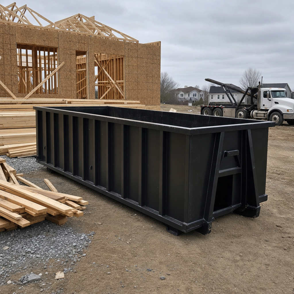 Matte-black 40-yard roll-off dumpster staged on a framed-out residential construction site in Farmington Hills, framing lumber stacked nearby, hooklift delivery truck visible in the background under bright Colorado daylight