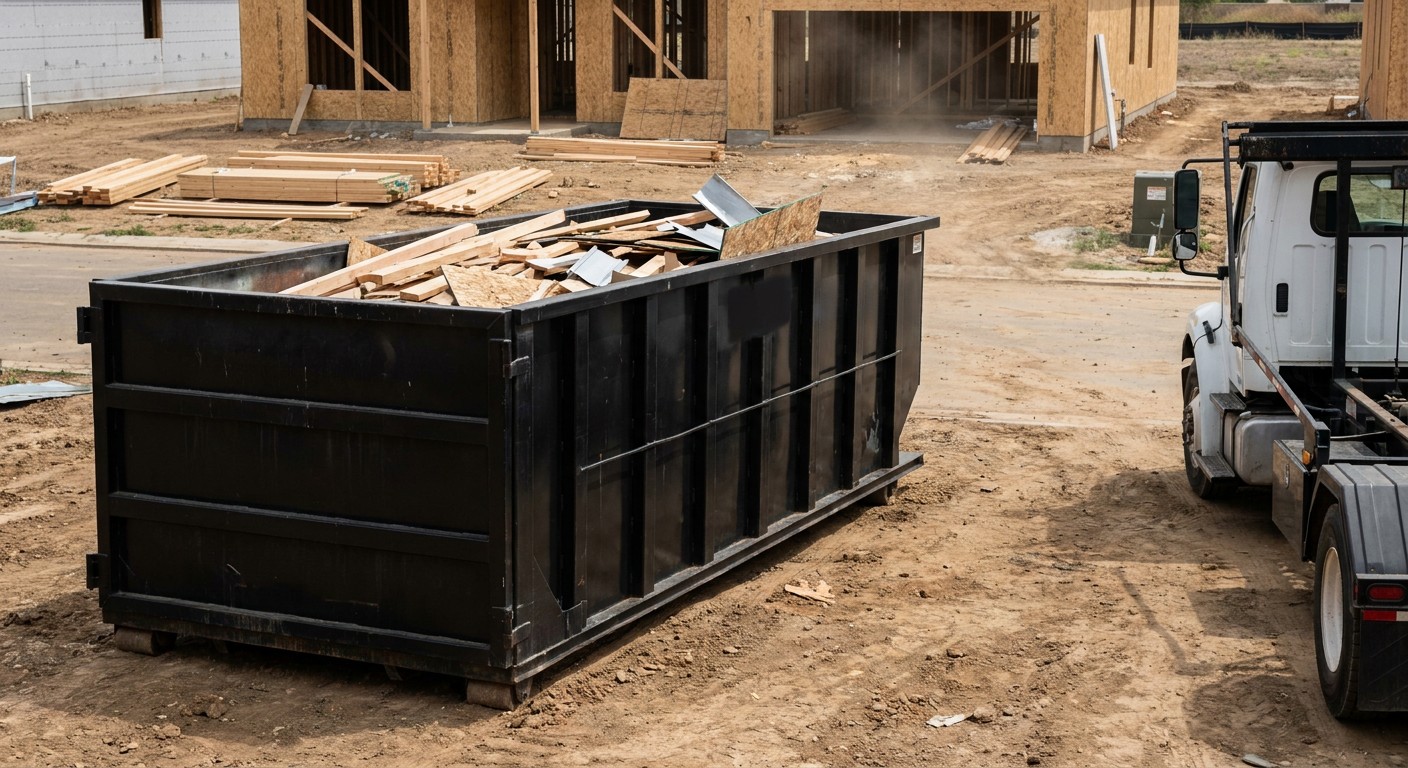 Matte-black 20-yard roll-off construction dumpster with heavy ribbed steel sidewalls and swing rear doors at a working jobsite in Farmington Hills, sitting directly on compacted dirt with an unmarked white hauler partially visible at the far edge of the frame.