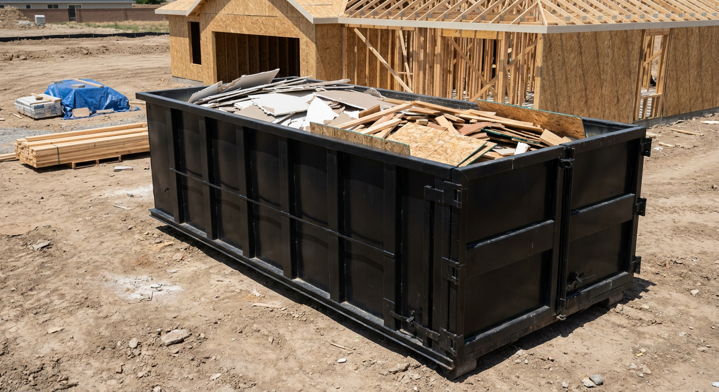 Matte-black 30-yard roll-off construction dumpster sitting directly on the compacted-dirt site of a framed single-family home build in Farmington Hills, drywall and lumber scrap loaded inside.