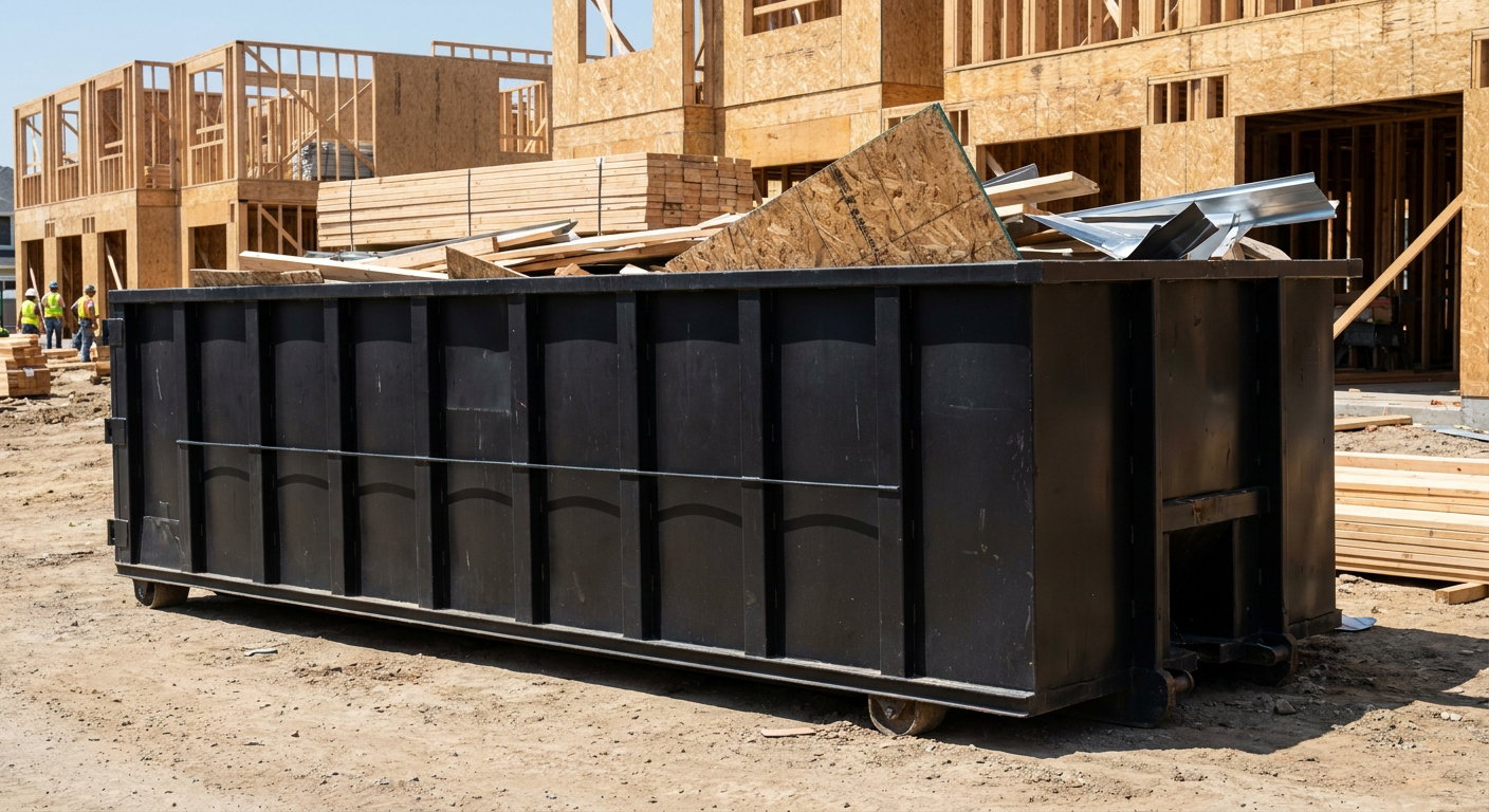 Matte-black 40-yard roll-off construction dumpster being lowered from a white-cab hooklift delivery truck onto the compacted-dirt jobsite at a commercial build site in Farmington Hills
