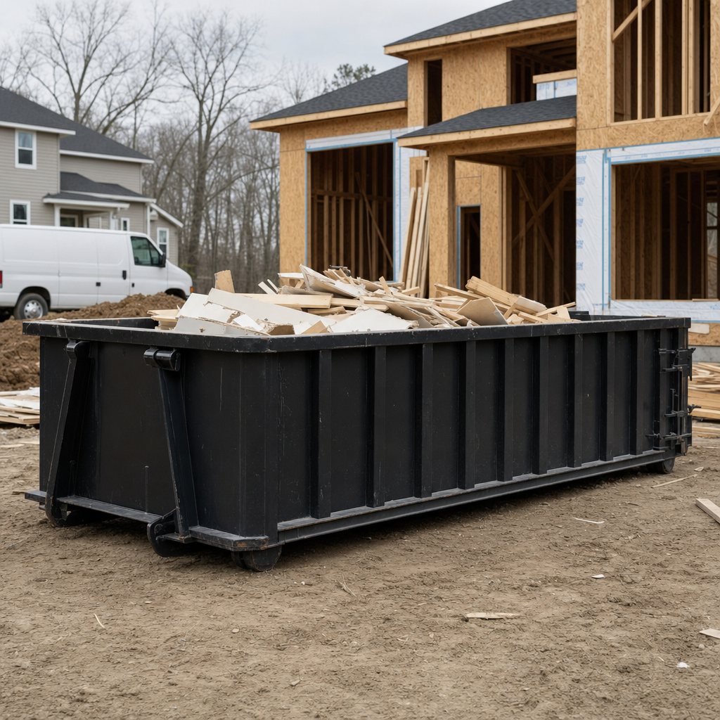 Worker in a yellow high-visibility vest tossing framing lumber and broken drywall into a matte-black 30-yard construction roll-off dumpster on an active build site in Farmington Hills, bright daylight