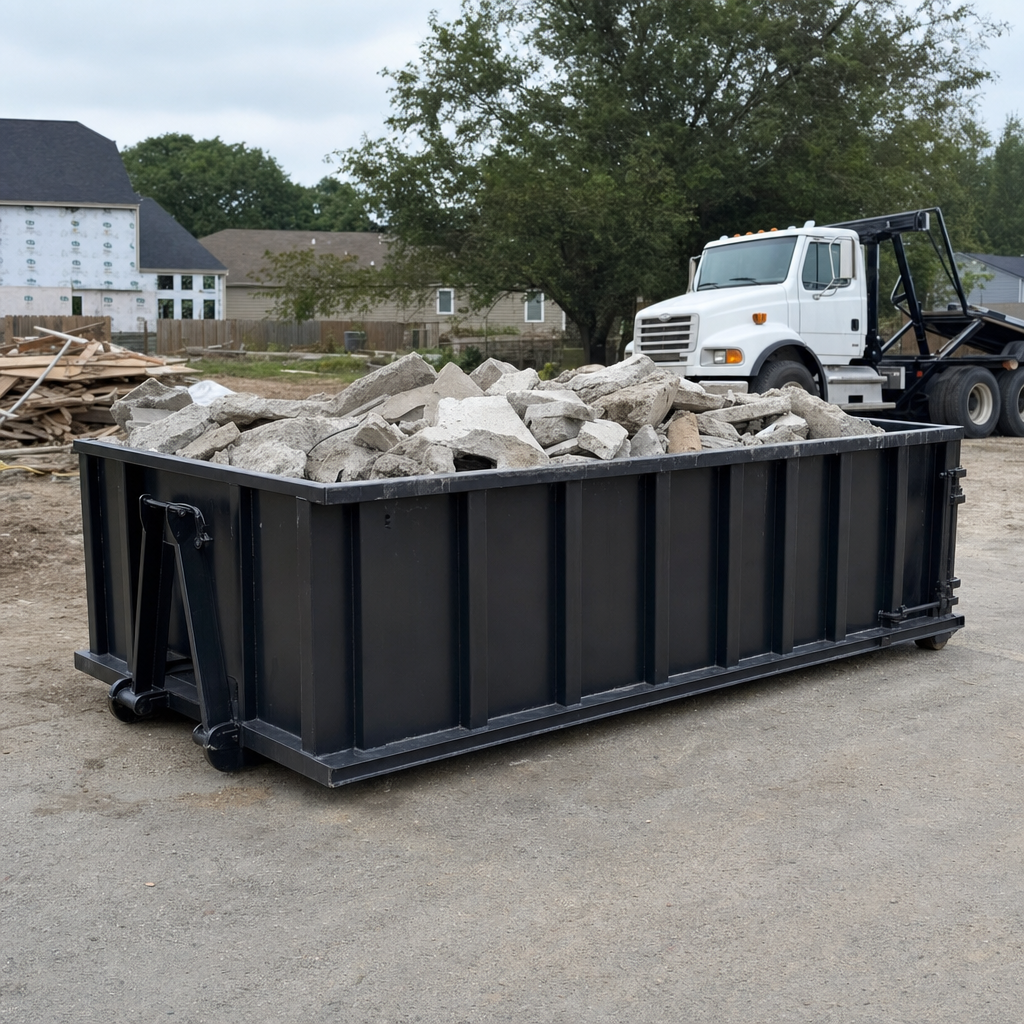 Low-profile matte-black lowboy roll-off dumpster loaded with broken concrete slab and rebar at a foundation tear-out in Farmington Hills, skid steer parked beside it, sunny Colorado morning