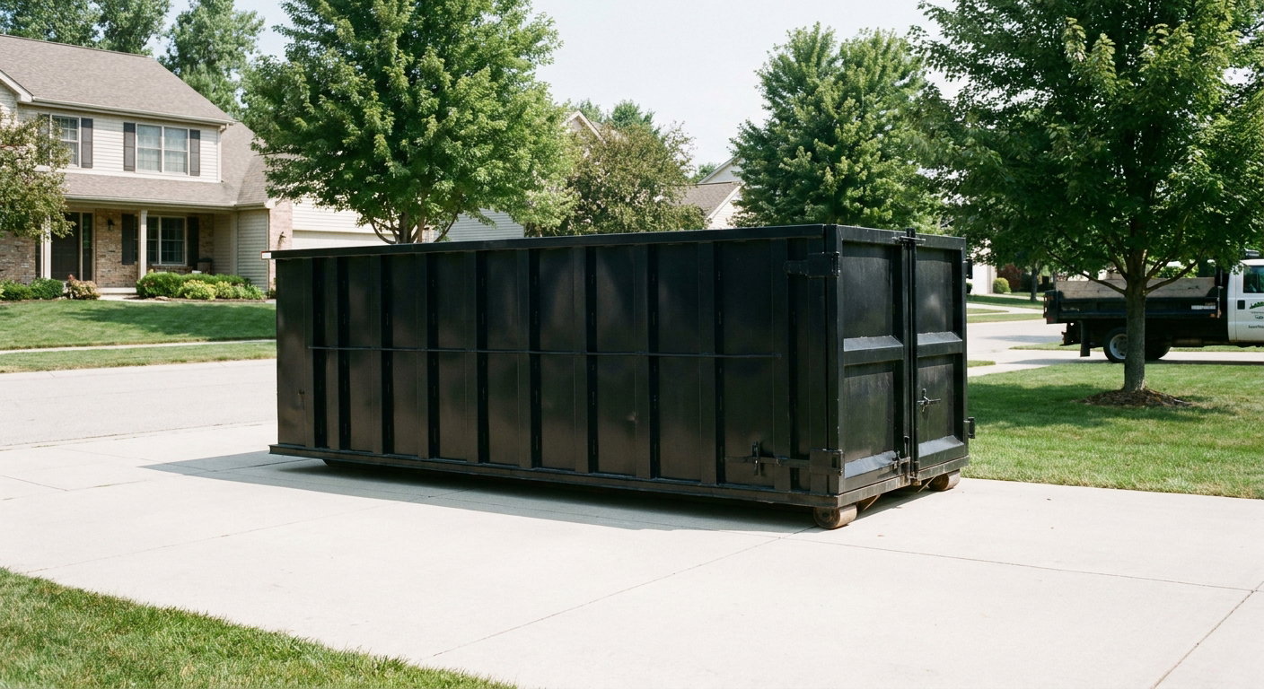 Matte-black 20-yard roll-off dumpster sitting level on a clean Farmington Hills residential concrete driveway under bright daylight, demonstrating clean placement directly on the concrete.