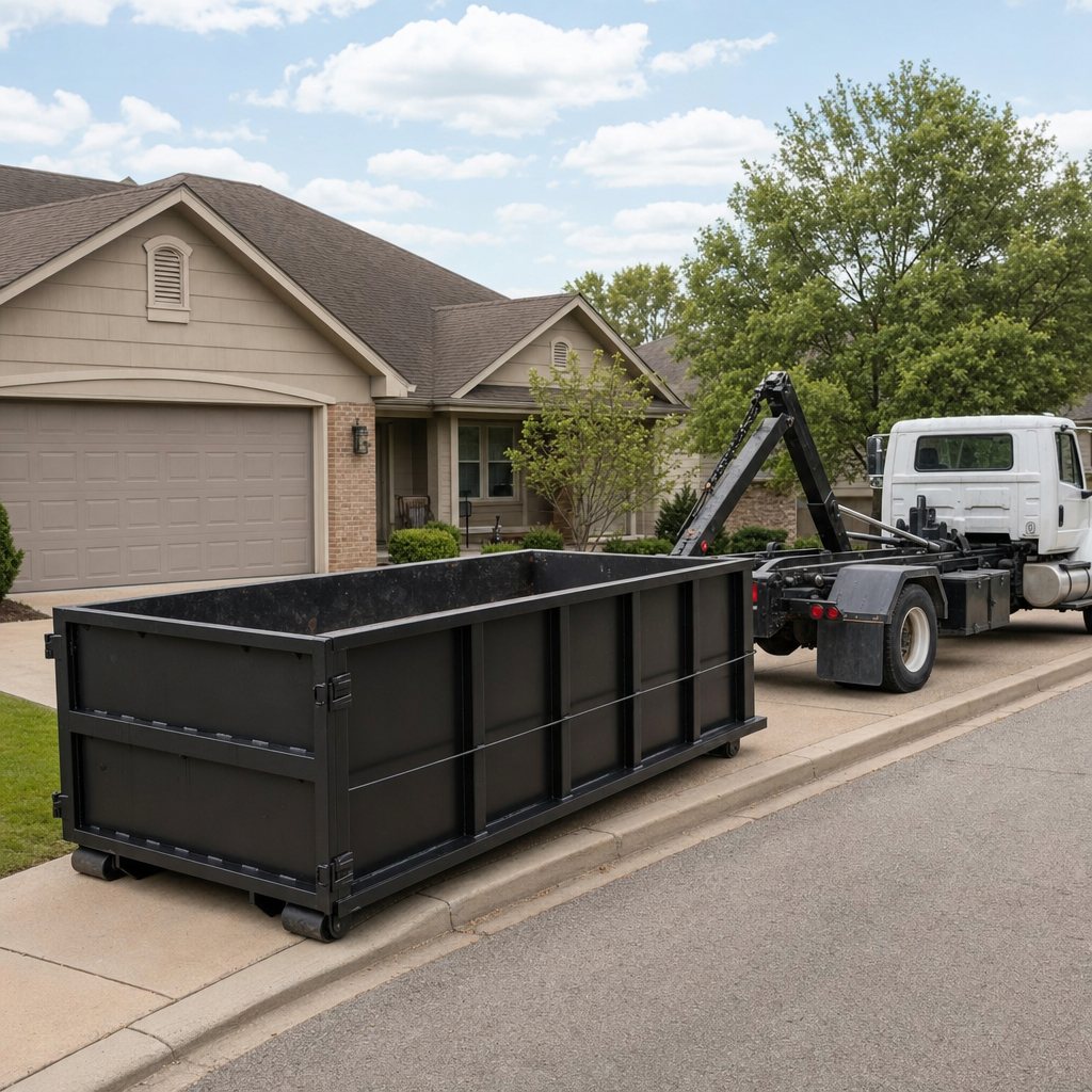 Wide documentary shot of a matte-black roll-off dumpster on a Farmington Hills residential driveway in the foreground and a contractor jobsite container in the soft-focus background, bright daylight, calm and orderly composition.