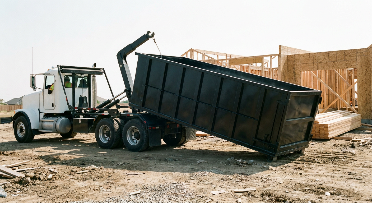 Matte-black roll-off dumpster being delivered onto a clean residential concrete driveway in Farmington Hills by an unmarked white hooklift hauler truck, bright morning daylight, documentary 35mm perspective.