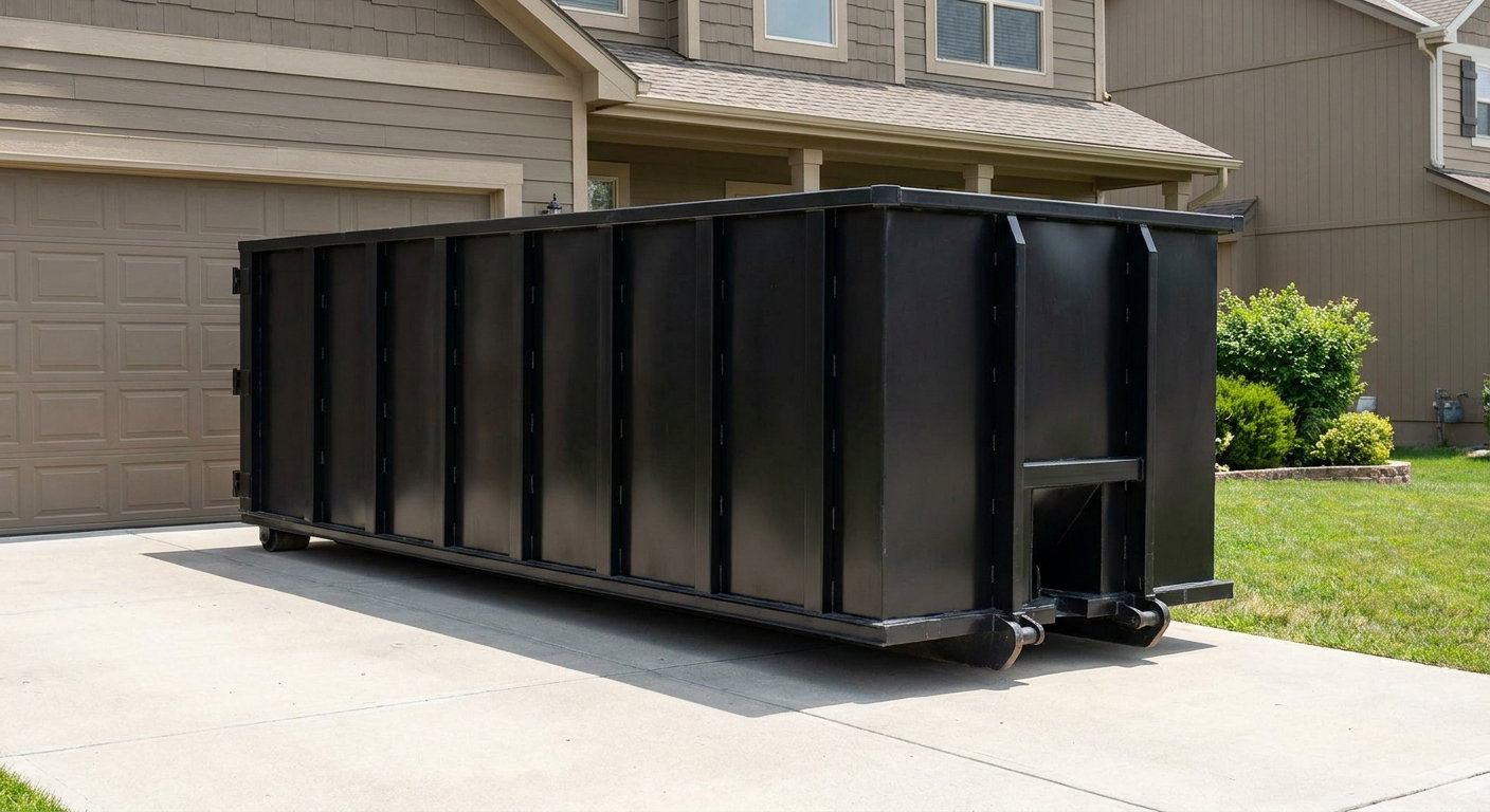 Matte-black residential roll-off dumpster sitting directly on a suburban Farmington Hills concrete driveway, garage door closed, single-family home in background, bright morning daylight.