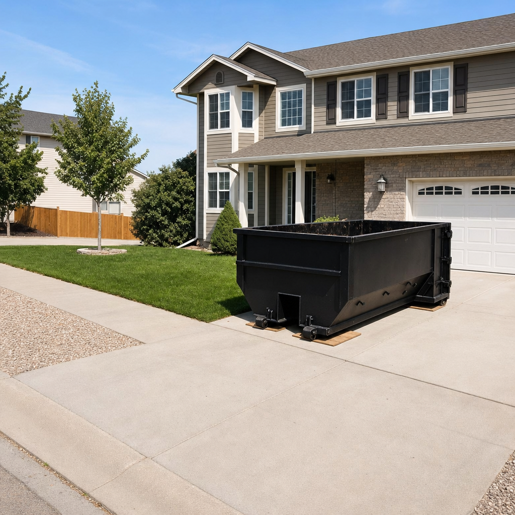 10-yard matte-black residential dumpster placed directly on a narrow Farmington Hills concrete driveway, room remains for a parked sedan beside it, mid-morning natural light