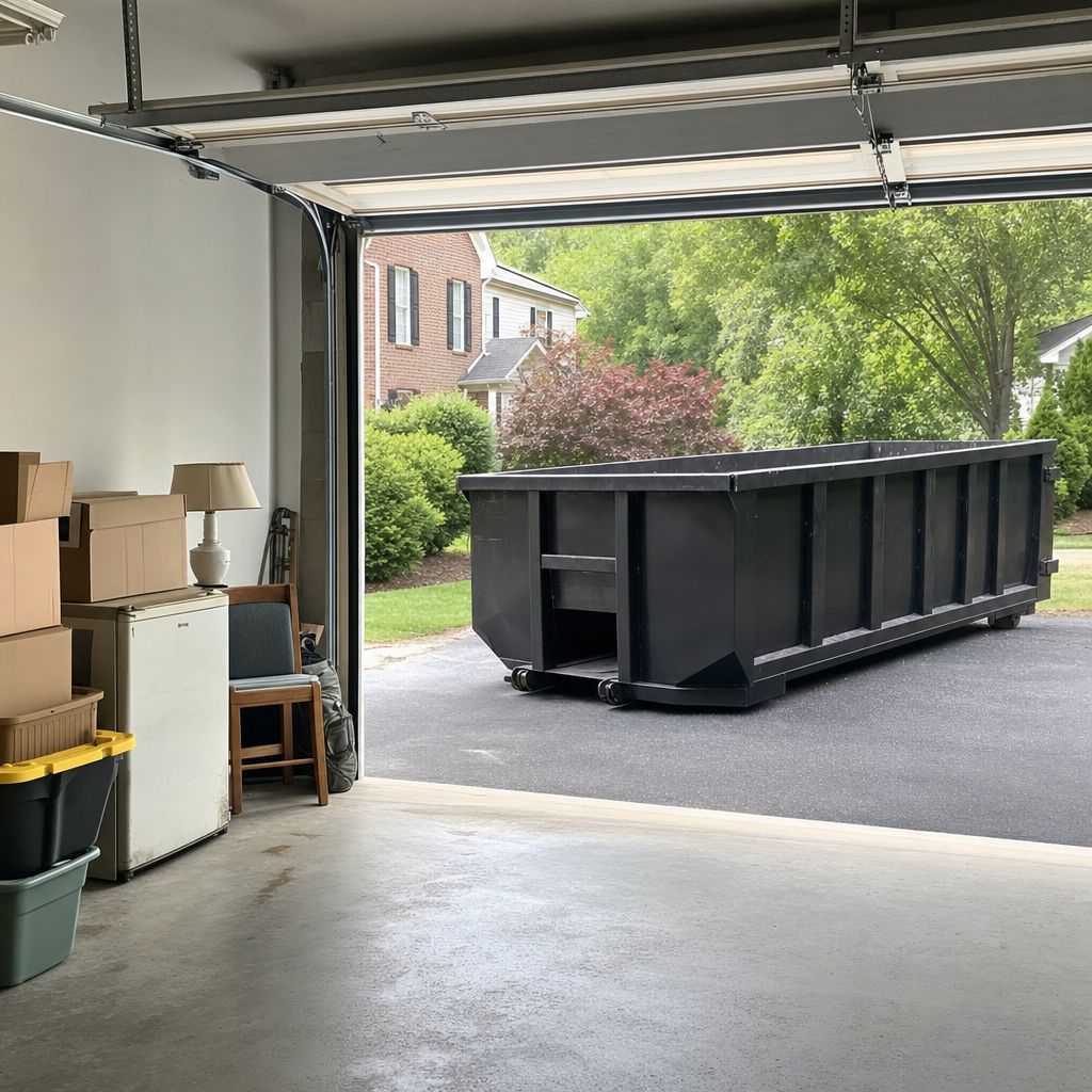 Open garage interior in a Farmington Hills home mid-cleanout — boxed items, an old appliance, and stacked yard tools queued near the driveway for a matte-black roll-off dumpster, organized and calm