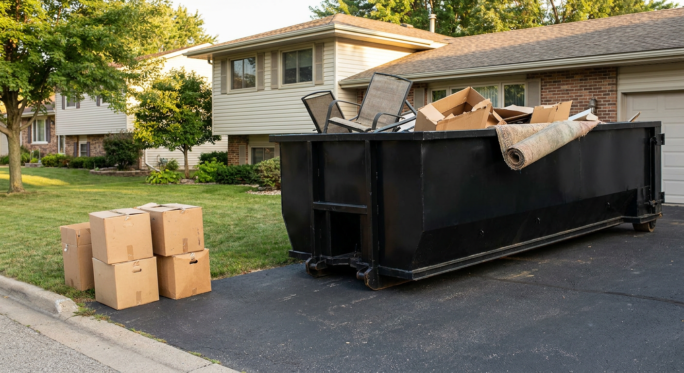 Front-yard view of a Farmington Hills split-level home with a 20-yard matte-black roll-off dumpster sitting directly on the asphalt driveway, a few clearly labeled donation boxes staged at the curb, calm sunny afternoon.