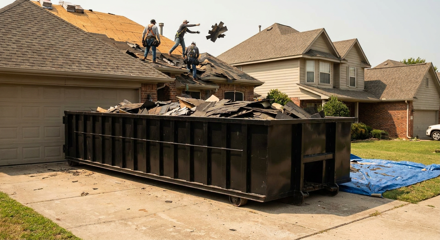 Matte-black roofing roll-off dumpster placed directly on a Farmington Hills residential concrete driveway, a tear-off crew on a two-story asphalt-shingle roof tossing shingle bundles into the low-walled container, bright daylight, documentary 35mm perspective.