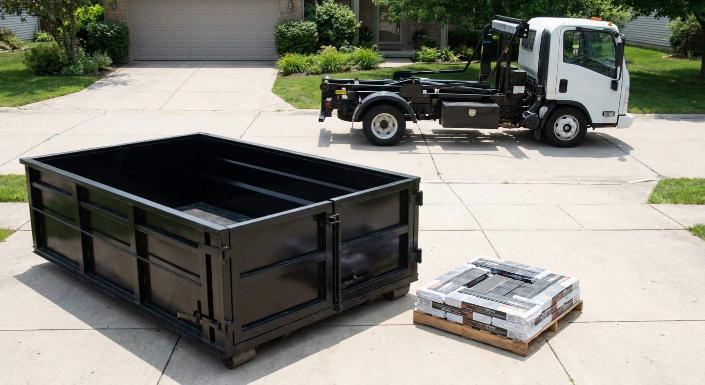 Matte-black 15-yard roofing roll-off dumpster with reinforced low side walls sitting directly on a Farmington Hills residential concrete driveway, three-tab asphalt shingle bundles stacked nearby, an unmarked white hauler truck partially visible at the edge of the frame.