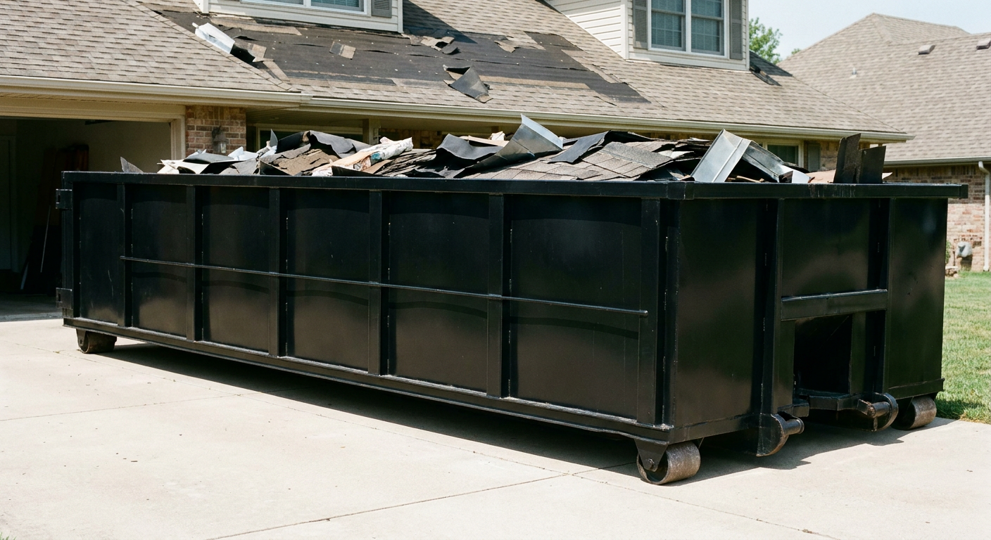 Matte-black 20-yard roofing roll-off dumpster with steel ribbed sides and swinging rear door, sitting directly on the concrete driveway of a two-story Farmington Hills home, asphalt shingle debris being loaded over the low wall, clean documentary lighting.