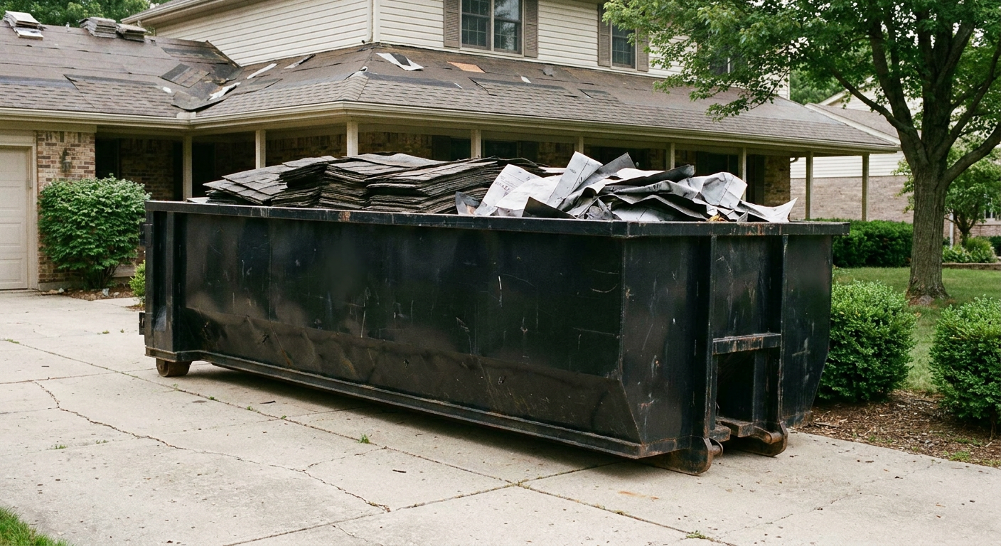 Matte-black 30-yard roofing roll-off dumpster sitting directly on a Farmington Hills concrete driveway, taller ribbed steel side panels, mixed tear-off debris of asphalt shingles and underlayment inside, professional documentary daylight.