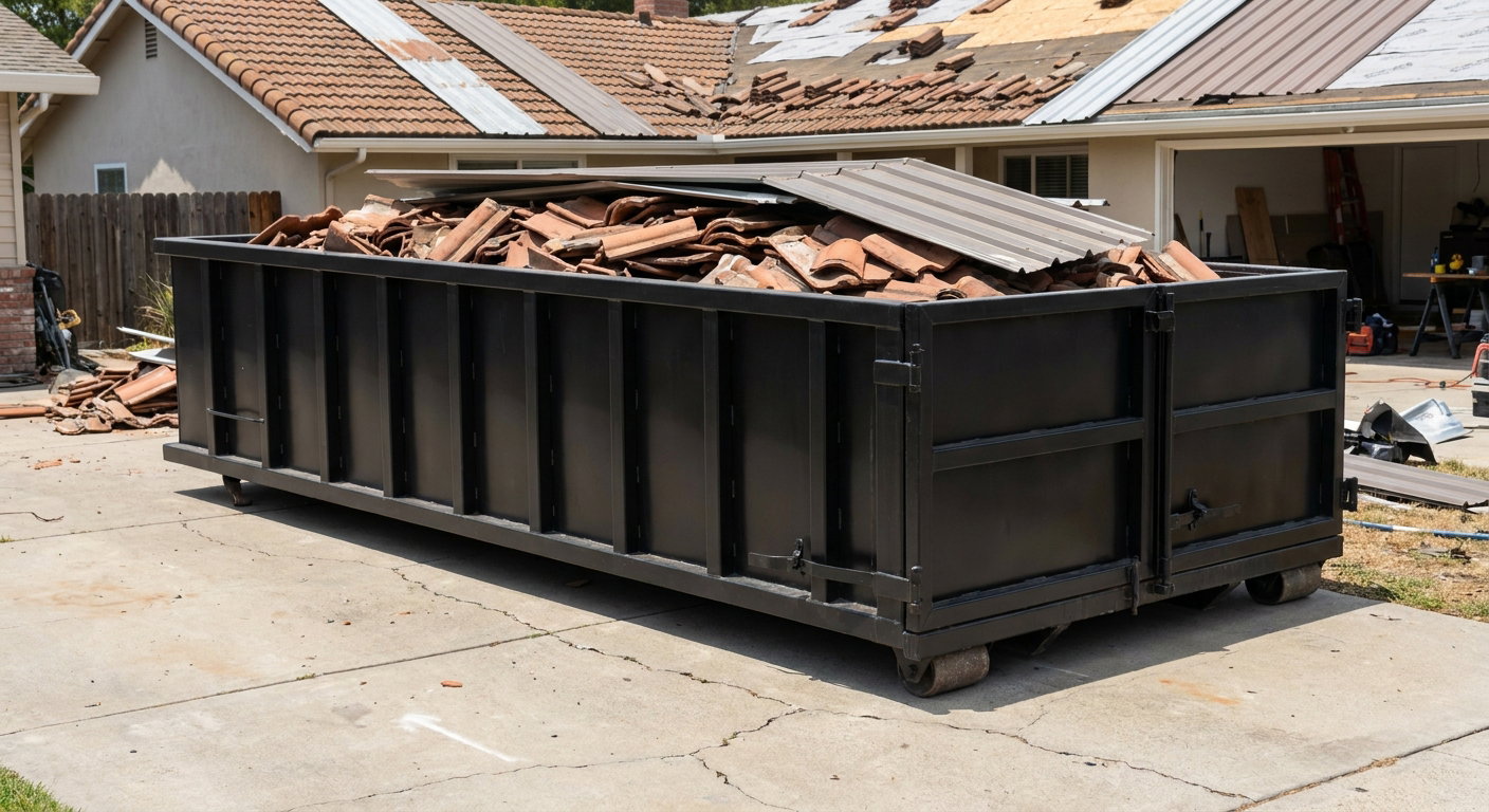 Matte-black low-wall heavy-debris roofing roll-off dumpster sitting directly on a Farmington Hills concrete driveway, broken concrete clay roof tiles and metal panel sections loaded inside, reinforced ribbed steel side walls visible, bright outdoor daylight.