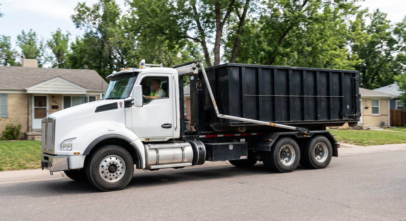 A wide documentary shot of a matte-black roll-off delivery truck pulling onto a quiet Farmington Hills residential street at mid-morning, with neighborhood rooftops and tree-lined blocks visible behind, showing the metro coverage footprint.