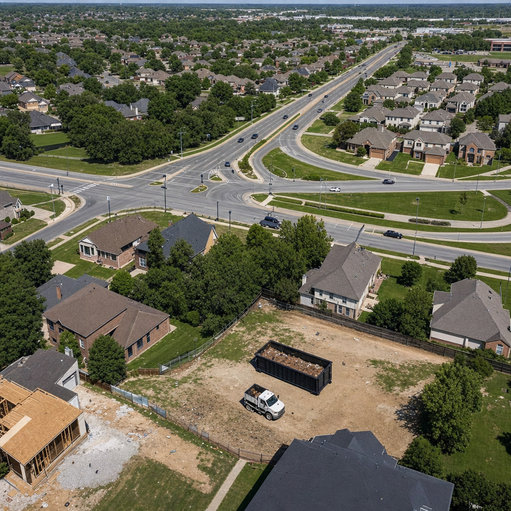An overhead documentary view of the Farmington Hills metro area at midday, showing the spread of neighborhoods, arterial roads, and the dispatch radius from a central yard — clean daylight, organized geographic layout.
