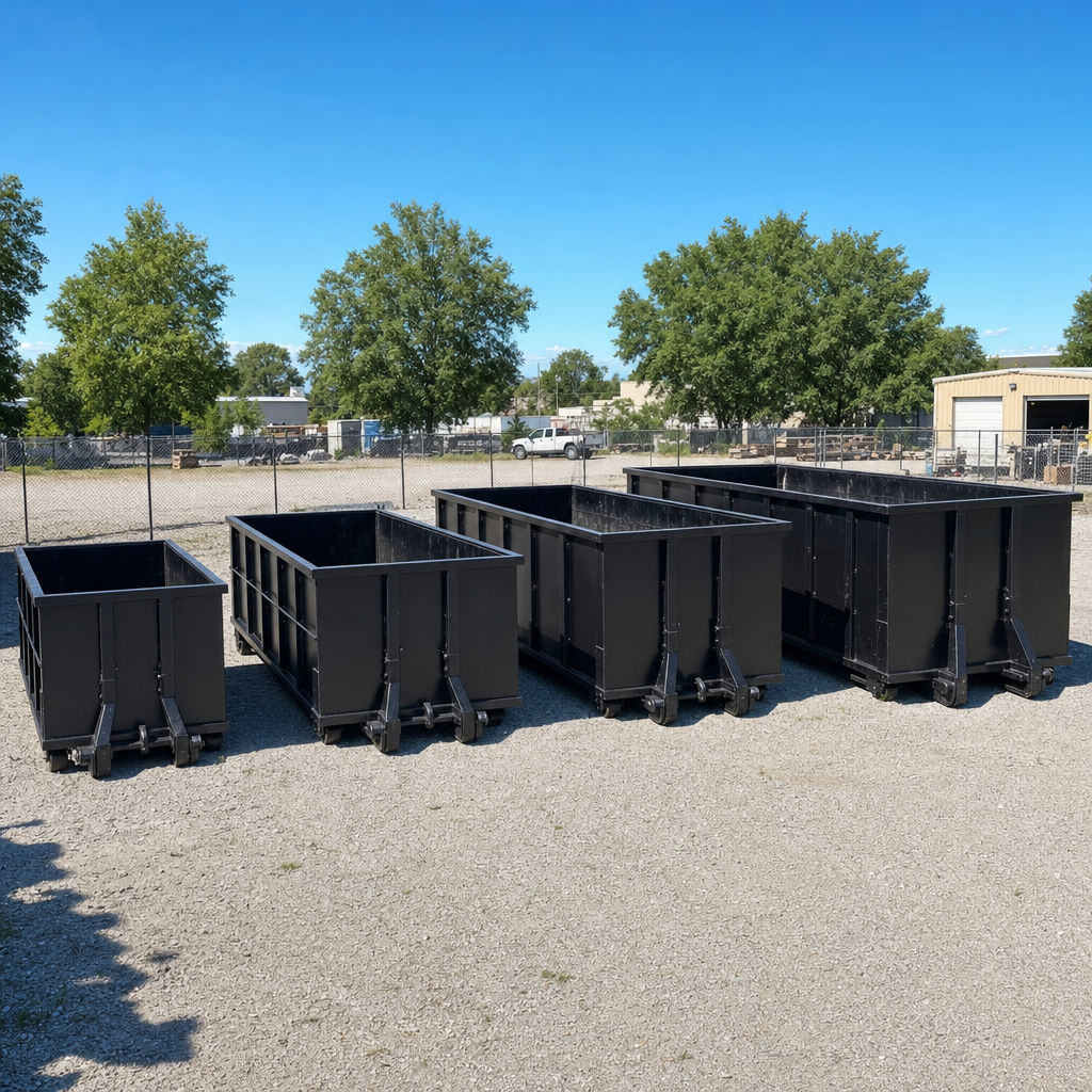 A clean lineup of matte-black roll-off dumpsters in 10, 20, 30, and 40-yard sizes staged on a sunlit gravel yard in Farmington Hills, showing the size progression from compact to commercial-scale containers.