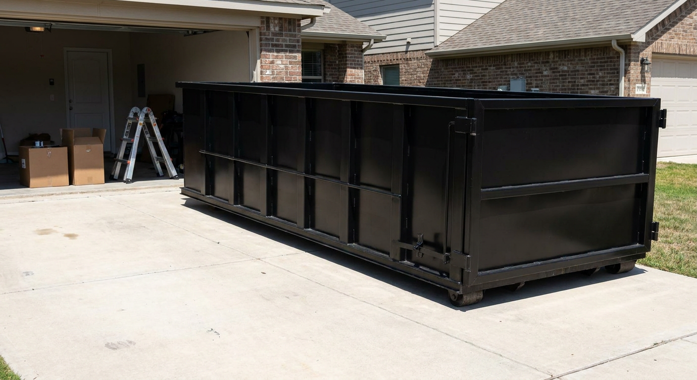 A matte-black 10-yard roll-off dumpster sitting directly on a residential Farmington Hills concrete driveway, mid-day sunlight, clean and ready for a garage cleanout.