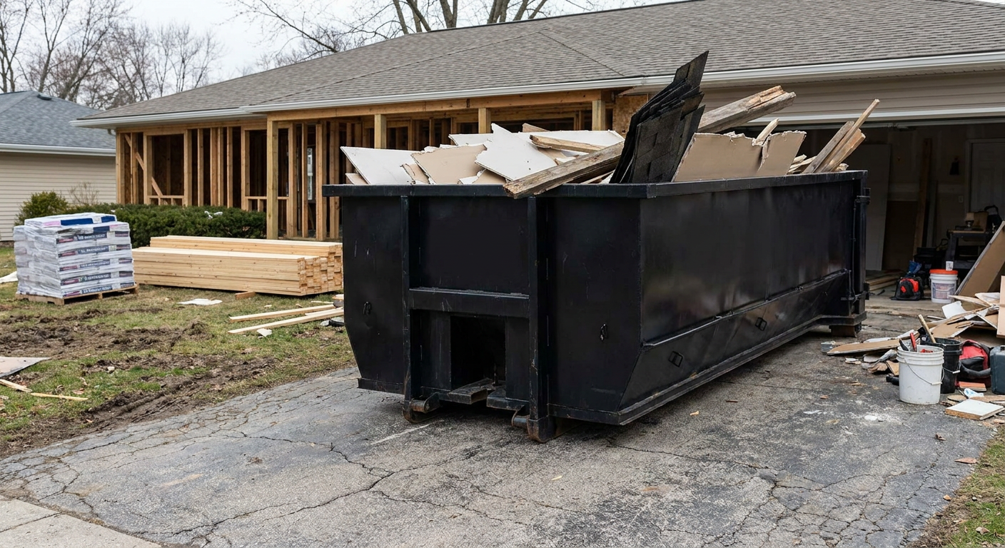 A matte-black 20-yard roll-off dumpster placed alongside a mid-renovation Farmington Hills home directly on the asphalt driveway, with framing materials and torn-off shingles staged neatly nearby.
