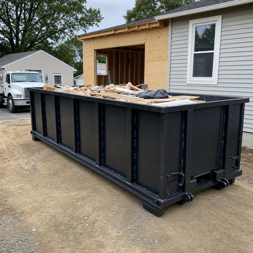 A matte-black 30-yard roll-off dumpster positioned at a Farmington Hills residential addition jobsite, with framing lumber and drywall scraps loaded through the open swinging rear doors.