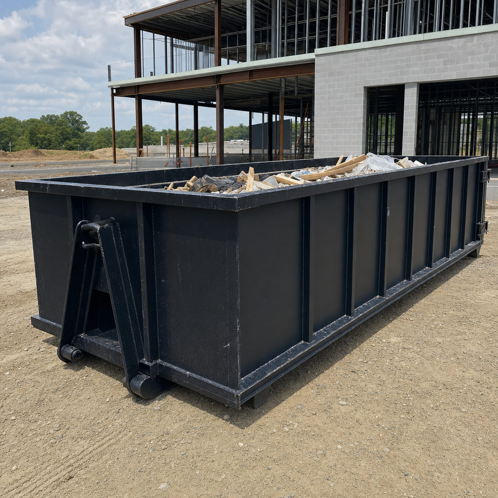 A matte-black 40-yard roll-off dumpster staged on a large Farmington Hills commercial construction lot, with a hooklift delivery truck parked alongside under bright midday sky.