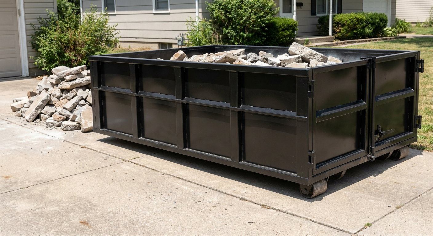 A matte-black low-side heavy-debris roll-off dumpster placed directly on a Farmington Hills concrete driveway, with broken concrete chunks neatly stacked beside it under clean daylight.